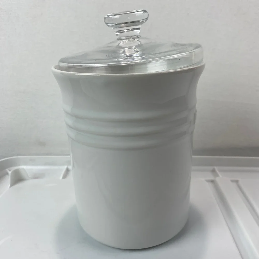 Le Creuset White Stoneware Canister Clear Glass Lid Tool Crock 7in
